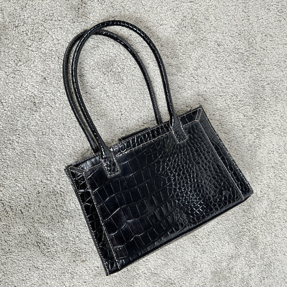 y2k 00s Vintage Liz Claiborne Purse Black Croc Mini Top Handle Bag w/ Bow Tassel - Picture 6 of 12